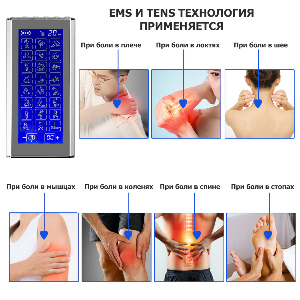 Массажер миостимулятор для тела, EMS-400, 2 канала, с EMS и TENS  технологией, 24 режима массажа, беспроводной - купить в , цена 5390